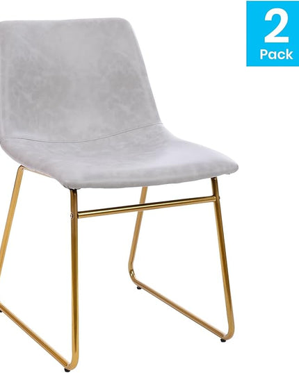 Flash Furniture Butler 18 Inch Commercial Grade LeatherSoft Dining Table Height Chair, Mid-Back Gold Sled Base with Light Gray LeatherSoft Upholstery, Set of 2 - LeafyLoom