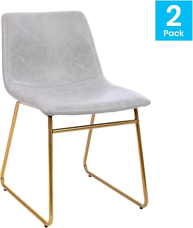 Flash Furniture Butler 18 Inch Commercial Grade LeatherSoft Dining Table Height Chair, Mid-Back Gold Sled Base with Light Gray LeatherSoft Upholstery, Set of 2 - LeafyLoom
