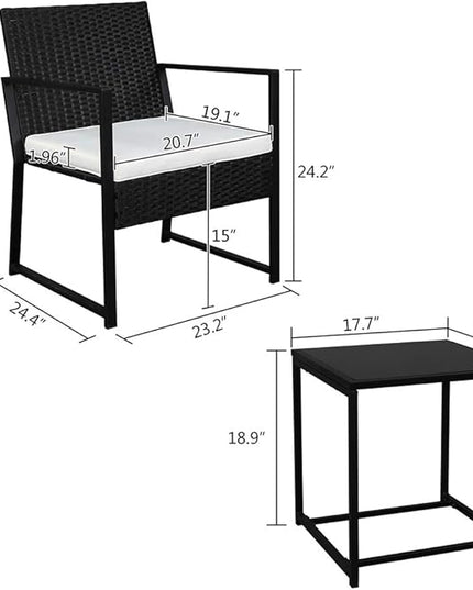 Outvita 3PCS Rattan Conversation Set, Outdoor Wicker Furniture Bistro Set 2 Chairs and Glass Top Table for Small Balcony Backyard Patio(Black) - LeafyLoom