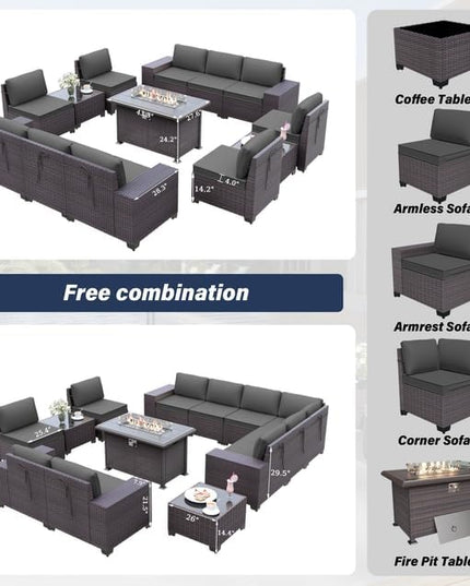 Patio Furniture Sectional Sofa Set 13-Pieces PE Rattan Patio Conversation Set w/43in Gas Fire Pit Table, Outdoor Furniture with 55000 BTU Propane Fire Pit, Grey - LeafyLoom