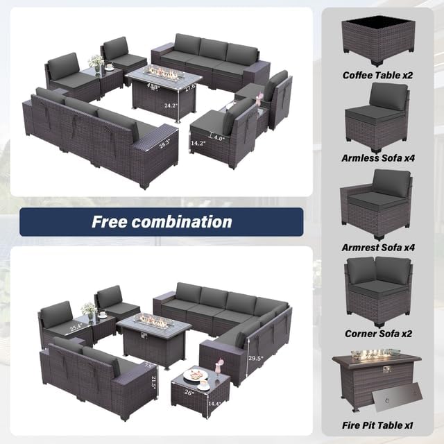 Patio Furniture Sectional Sofa Set 13-Pieces PE Rattan Patio Conversation Set w/43in Gas Fire Pit Table, Outdoor Furniture with 55000 BTU Propane Fire Pit, Grey - LeafyLoom