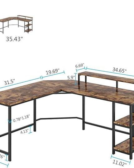 L-Shaped Computer Desk with Monitor Stand and Storage Shelves, Large Corner Desks for Home Office - LeafyLoom