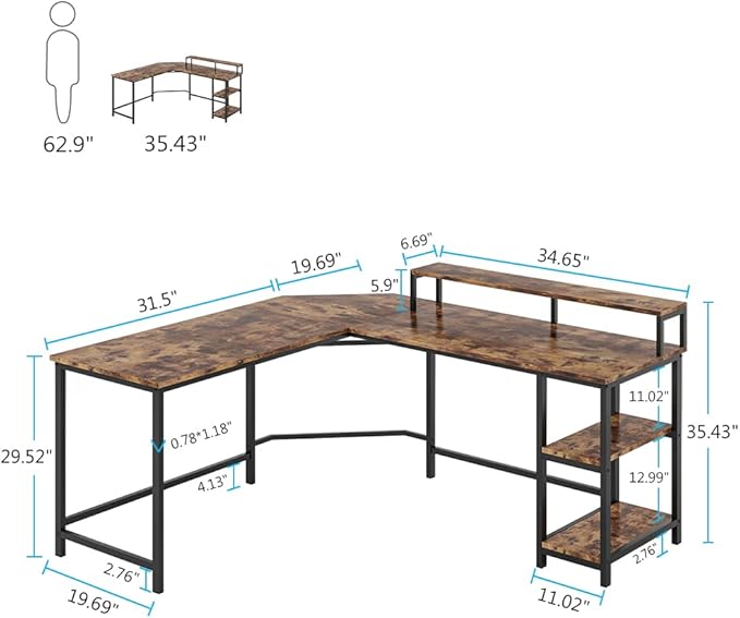 L-Shaped Computer Desk with Monitor Stand and Storage Shelves, Large Corner Desks for Home Office - LeafyLoom