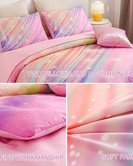 Btargot 6 Pieces Pink Gradient Star Ring Comforter Set for Boys Girls Teens, Twin Size Colorful Glitter Rainbow Star Galaxy Bedding Set - LeafyLoom