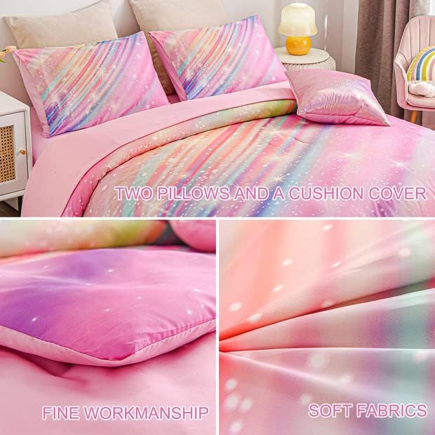 Btargot 6 Pieces Pink Gradient Star Ring Comforter Set for Boys Girls Teens, Twin Size Colorful Glitter Rainbow Star Galaxy Bedding Set - LeafyLoom
