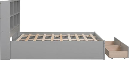 Full Size Platform Bed with Storage Headboard Bookcase, 2 Drawers Underneath and Charging Station, for Bedroom/Guest Room, Gray - LeafyLoom