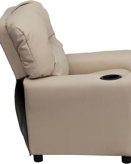 Flash Furniture Chandler Vinyl Kids Recliner with Cup Holder and Safety Recline, Contemporary Reclining Chair for Kids, Supports up to 90 lbs., Beige - LeafyLoom