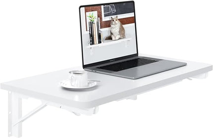 TEAMIX Wall Mounted Desk, White Folding Desk for Small Spaces Floating Shelf Organizer with Heavy-Duty Brackets for Home Office - LeafyLoom