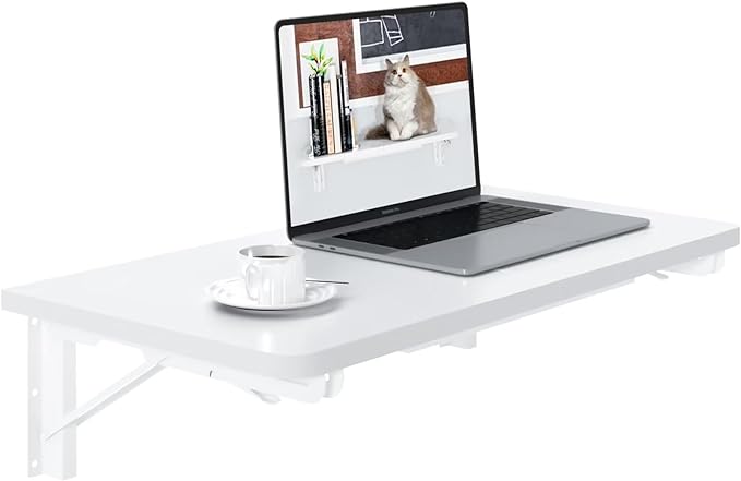 TEAMIX Wall Mounted Desk, White Folding Desk for Small Spaces Floating Shelf Organizer with Heavy-Duty Brackets for Home Office - LeafyLoom