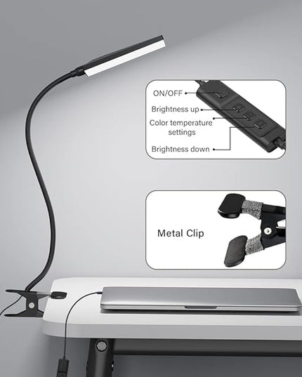 LED Desk Lamp with Clamp for Home Office, Dimmable Clip on Desk Light with USB Port, 3 Color Modes 11 Brightness Flexible Gooseneck Reading Lamp for Studying Working, Black - LeafyLoom