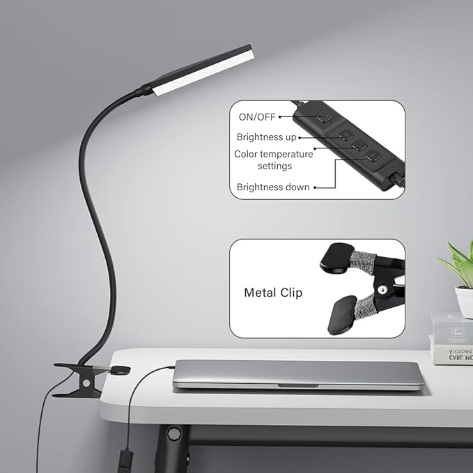 LED Desk Lamp with Clamp for Home Office, Dimmable Clip on Desk Light with USB Port, 3 Color Modes 11 Brightness Flexible Gooseneck Reading Lamp for Studying Working, Black - LeafyLoom