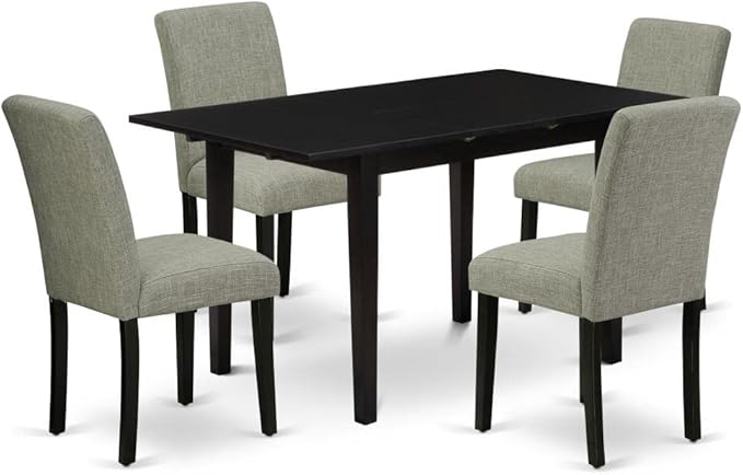 East West Furniture Norfolk 5 Piece Set includes a Rectangle Dining Room Table with Butterfly Leaf and 4 Shitake Linen Fabric Upholstered Parson Chairs, 32x54 Inch, NOAB5-BLK-06 - LeafyLoom