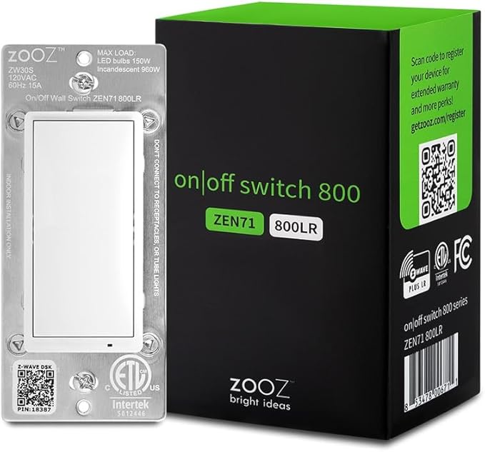 Zooz 800 Series Z-Wave Long Range On/Off Switch ZEN71 800LR, White | Direct 3-Way (No Add-On Switch Needed) | Z-Wave Hub Required ZOOZ