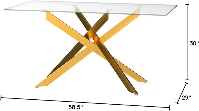 Edwin's Choice 58.5” Rectangle Glass Dining Table, Tempered Glass Table Top and Metal Tubular Legs, Modern Style Table for Home, Kitchen, Dining room 58.5”Lx29”Wx30”H, Gold (Table Only) - LeafyLoom