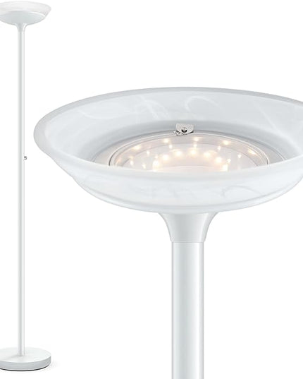 BoostArea Torchiere Floor Lamp, 24W Super Bright LED Standing Lamp, Stepless Dimmable Pole Lamp with 3000K Lighting, Glass Lampshade, 71Inch Tall Metal Modern Floor lamps for Living Room/Bedroom White - LeafyLoom