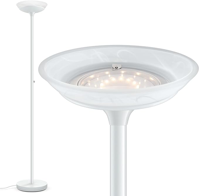 BoostArea Torchiere Floor Lamp, 24W Super Bright LED Standing Lamp, Stepless Dimmable Pole Lamp with 3000K Lighting, Glass Lampshade, 71Inch Tall Metal Modern Floor lamps for Living Room/Bedroom White - LeafyLoom