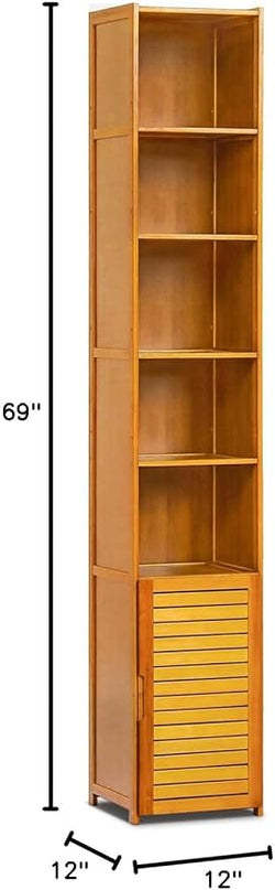 MoNiBloom Tall 7 Tier Bookcase with Door, Bamboo Freestanding Display Storage Cabinet Shelves Collection Decor Furniture for Home Living Room Bedroom, Brown - LeafyLoom