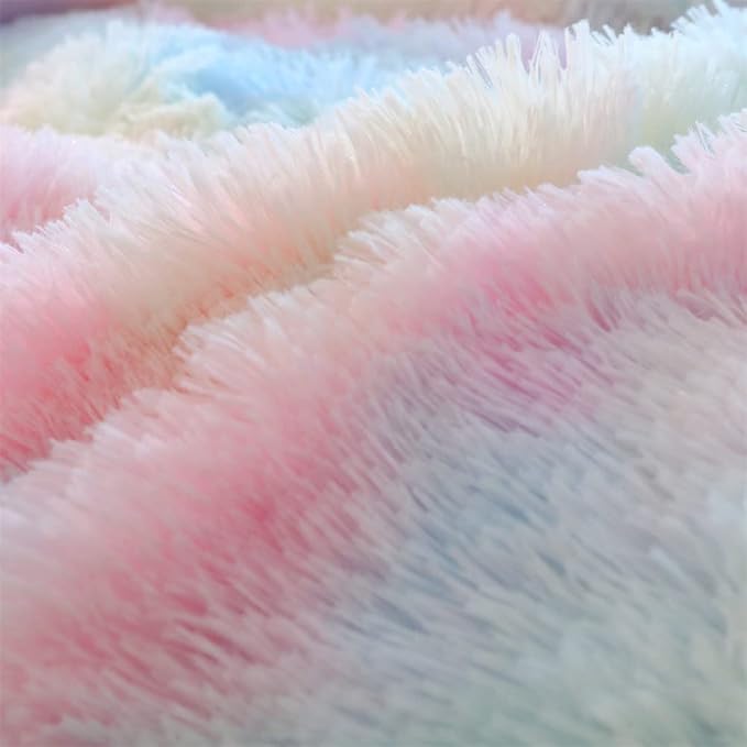 Faux Fur Kids Girls Sunshine Rainbow Comforter Sets Queen - 3PC Bed Set Warm Comfortable Soft Plush Flannel Velvet Fluffy Fuzzy Bedding（Comforter x 1 Pillowcases x 2） - LeafyLoom