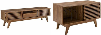 Modway Render Mid-Century Modern Low Profile 59 Inch TV Stand in Walnut & Render Mid-Century Modern 37" Vinyl Record Display Stand in Walnut, 37 Inch - LeafyLoom