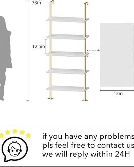 Ladder Shelf Bookcase 5 Tier, Extra Sturdy Modern Bookshelf Wall Mounted, Tall Standing Open Shelf White and Gold, Industrial Metal Frame with Wooden Shelf - LeafyLoom