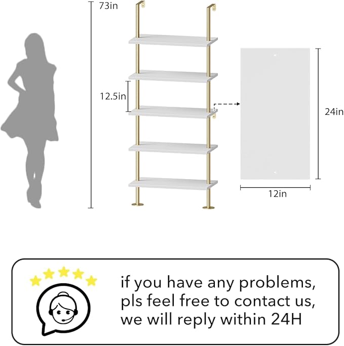 Ladder Shelf Bookcase 5 Tier, Extra Sturdy Modern Bookshelf Wall Mounted, Tall Standing Open Shelf White and Gold, Industrial Metal Frame with Wooden Shelf - LeafyLoom