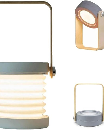 4-in-1 Foldable Table Lamp,USB Retractable LED Light,Wooden Handle Portable Lantern Light and Flashlight,Touch Control Dimmable 3 Level Brightness Night Light for Reading, Outdoor Camping (Grey) - LeafyLoom