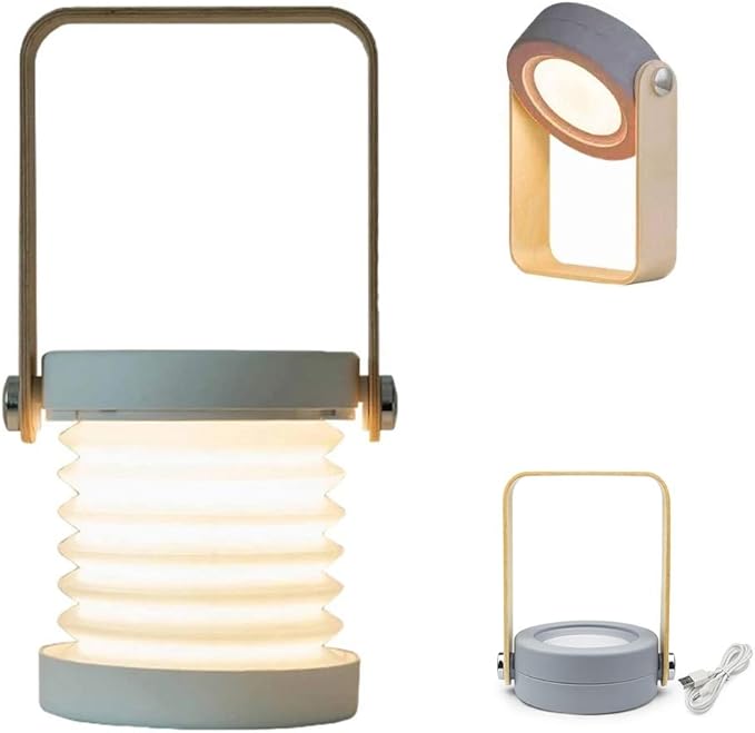 4-in-1 Foldable Table Lamp,USB Retractable LED Light,Wooden Handle Portable Lantern Light and Flashlight,Touch Control Dimmable 3 Level Brightness Night Light for Reading, Outdoor Camping (Grey) - LeafyLoom