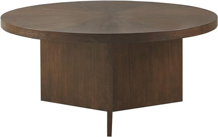 Martha Stewart Sadie Round Wood Coffee Table with Starburst Pattern Top Simple Pedestal Stand, Circular Contemporary Modern Accent Furniture for Living Room Decor, 0 - LeafyLoom