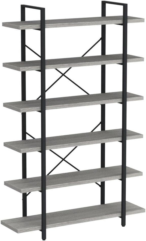 HSH 6 Tier Tall Bookshelf, Wood and Metal Vertical Display Book Shelf, Industrial 6 Shelf Bookcases and Book Shelves Storage Rack, Large Open Book Case for Bedroom Living Room Office, Light Grey Oak - LeafyLoom