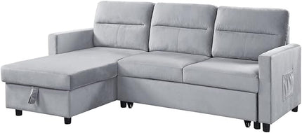 L-Shape Convertible Sleeper Sectional Sofa, with Pull-Out Bed & Storage Chaise, 81.5" Velvet Reversible Corner 3 Person Couch, Button Tufted Backrest, for Living Room-Light Gray, 81.5 Inch - LeafyLoom