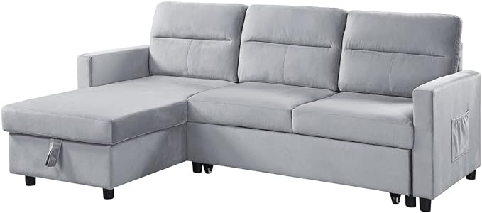 Velvet Reversible Sleeper Sectional Sofa with Storage Chaise and Side Pocket, Pull Out Couch Bed for Living Room, Apartment, Compact Space, Light Gray, 81.5 - LeafyLoom