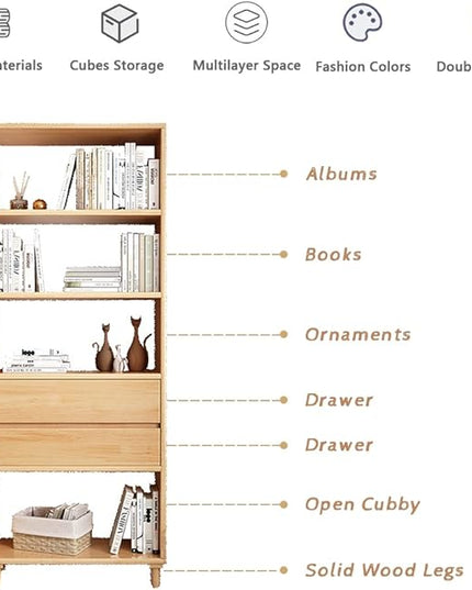 IOTXY Floorstanding Wooden Bookcase with Legs - 67" Tall Open Shelves Cube Billy Bookshelf with Drawers for Home and Office, Oak - LeafyLoom