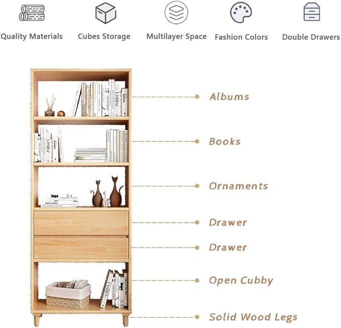 IOTXY Floorstanding Wooden Bookcase with Legs - 67" Tall Open Shelves Cube Billy Bookshelf with Drawers for Home and Office, Oak - LeafyLoom
