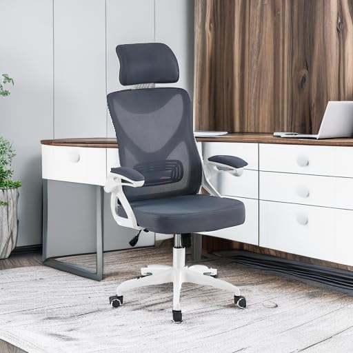 Yaheetech Ergonomic Mesh Office Chair, High Back Desk Chair with with flip-up Armrests, Adjustable Padded Headrest Computer Chair with Lumbar Support for Home Oiffce Game Room, White/Gray - LeafyLoom