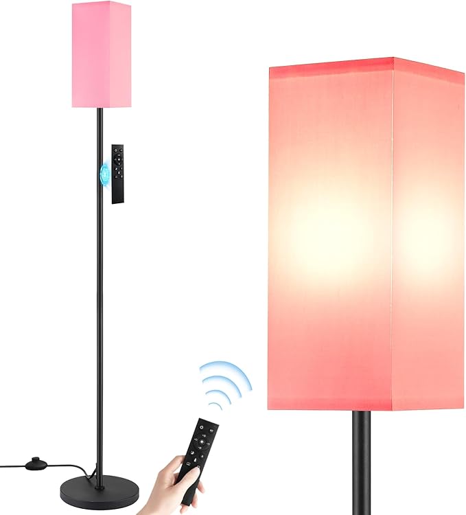 Ambimall Remote Control Floor Lamp, Stepless Dimmable, 64 Inches Tall, Include 9W Bulb, Standing Lamp for Living Room Bedroom Office (Pink & Black) - LeafyLoom