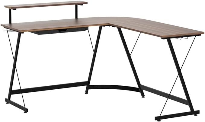 SHW Vista L-Shape Desk with Monitor Stand, Walnut - LeafyLoom