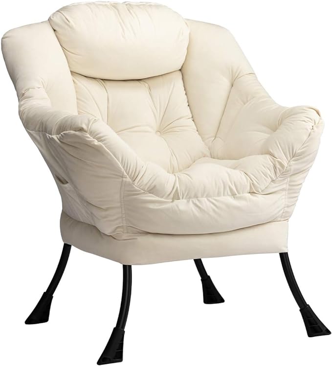 HollyHOME Modern Fabric Large Lazy Chair, Accent Oversized Comfy Reading Chair, Thick Padded Cozy Lounge Chair with Armrest, Steel Frame Leisure Sofa Chair for Living Room, Bedroom, Dorm, Beige - LeafyLoom