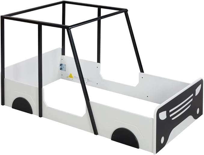 Toddler Twin Size Car Bed with Roof & Door,Wooden Car-Shaped Floor Bedframe W/Safety Guardrail,Racecar Design,Easy Assembly,Montessori Inspired Bedroom Furniture for Boys Kids Teens,Black - LeafyLoom