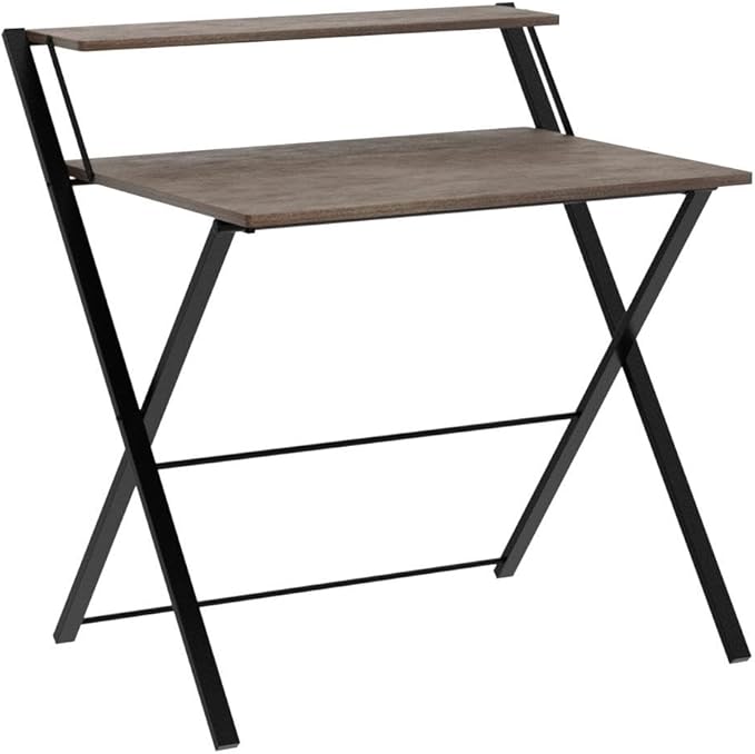 GreenForest Folding Desk No Assembly Required Small Size, 2-Tier Foldable Computer Desk with Shelf for Home Office, Space Saving Portable Laptop Study Foldable Table for Small Spaces, Brown - LeafyLoom