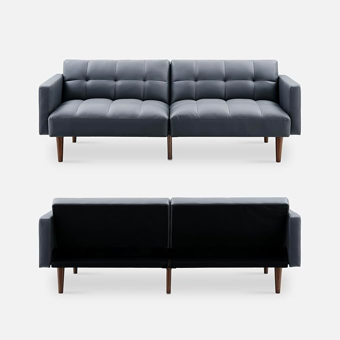 mopio Aaron Couch, Small Sofa, Futon, Sofa Bed, Sleeper Sofa, Loveseat, Mid Century Modern Futon Couch, Sofa Cama, Couches for Living Room, Bedroom (Cloud Gray, Faux Leather) - LeafyLoom