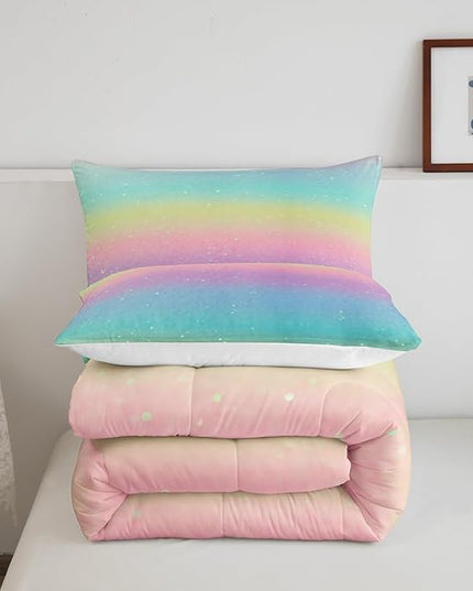 Erosebridal Blue Gradient Bedding Rainbow Tie Dye Bedding Comforter Sets for Kids Boys Girls Bedroom, Galaxy Glitter Comforter Set Pastel Watercolor Sparkle Quilt with 2 Pillowcases, Queen - LeafyLoom