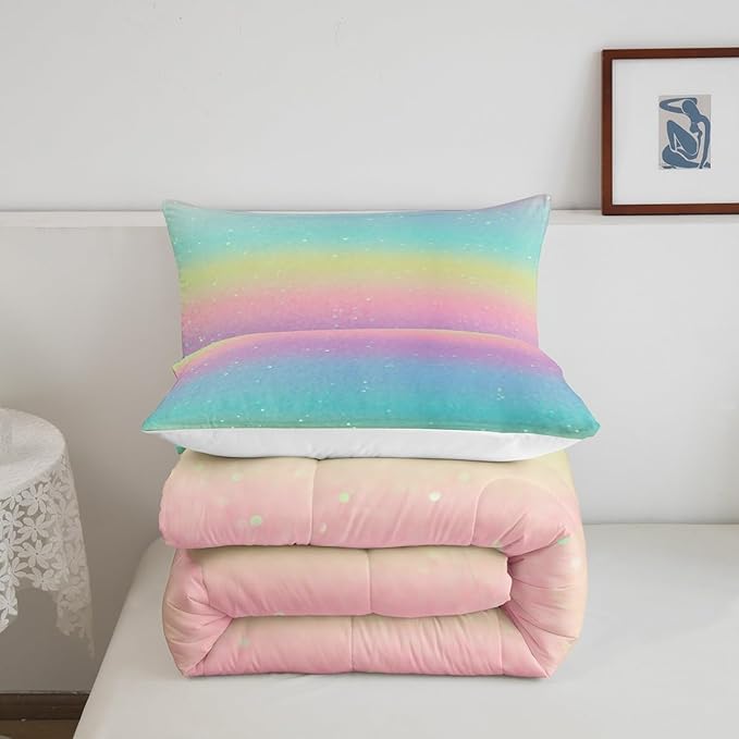 Rainbow Comforter Set Tie Dye Pastel Twin Beddings for Girls Galaxy Glitter Bedding Comforter Sets for Boys Kids Women Bedroom Decor, Girly Gradient Star Sky Ombre Duvet Insert, Pink Blue Yellow - LeafyLoom