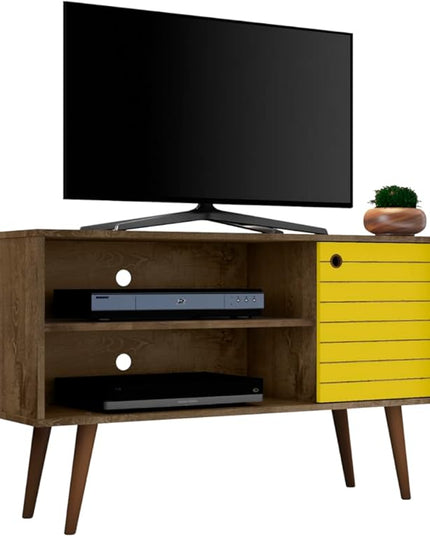 Manhattan Comfort Liberty Mid Century Modern TV Stand for Televisions up to 46 Inches, Bedroom and Living Room Entertainment Center with Storage, Shelves, and Cabinet, 43" Wide, Rustic Brown/Yellow - LeafyLoom