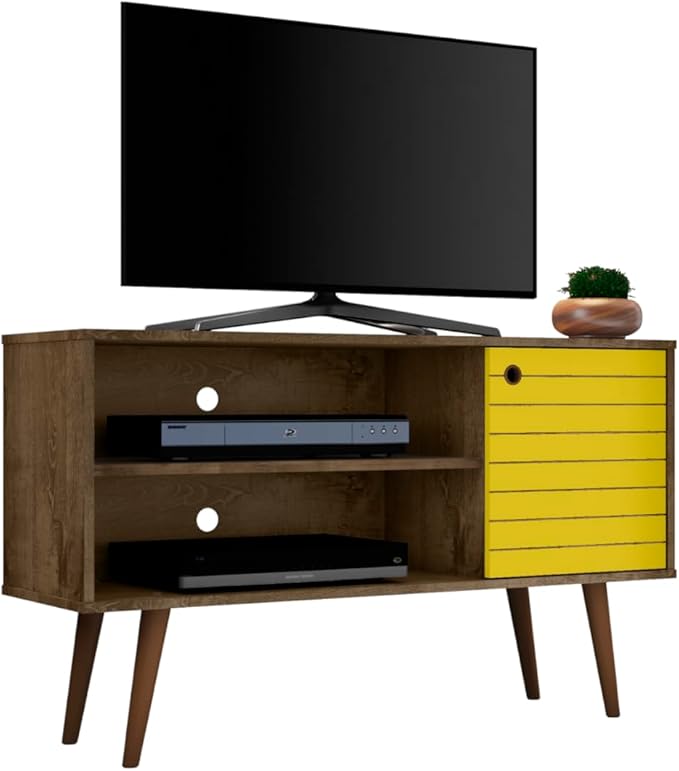 Manhattan Comfort Liberty Mid Century Modern TV Stand for Televisions up to 46 Inches, Bedroom and Living Room Entertainment Center with Storage, Shelves, and Cabinet, 43" Wide, Rustic Brown/Yellow - LeafyLoom