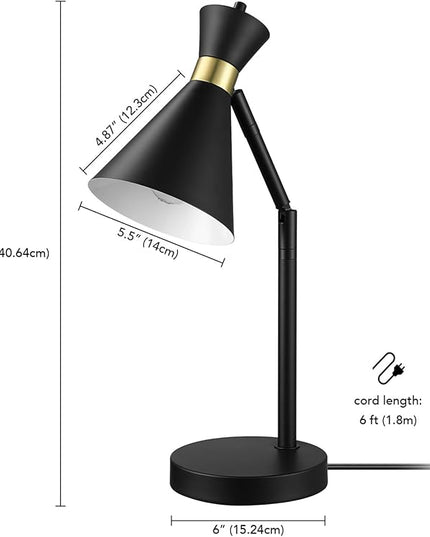 Globe Electric 61000056 16" Desk Lamp, Matte Black Finish, Matte Brass Accents, Pivot Joint, On/Off Rotary Switch on Socket, E26 Base Bulb, Lamp for Living Room, Home Office, Home Improvement - LeafyLoom
