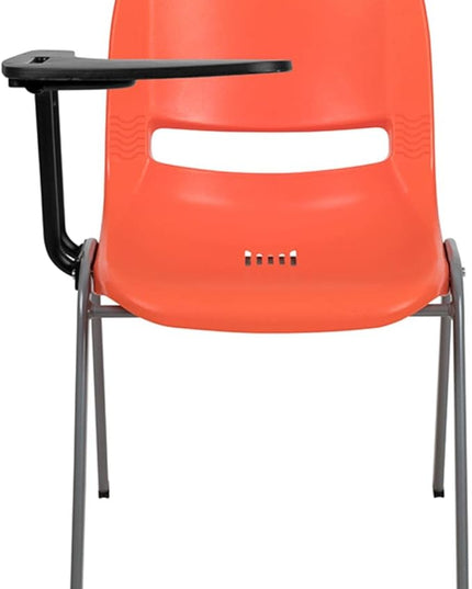 Flash Furniture HERCULES Orange Ergonomic Shell Chair with Right Handed Flip-Up Tablet Arm - LeafyLoom