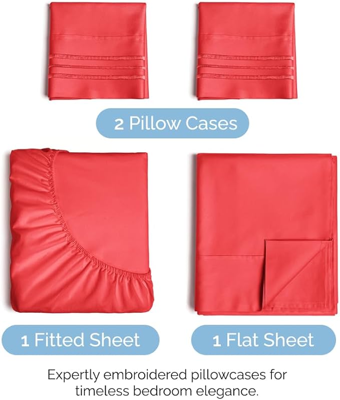 Full Size 4 Piece Sheet Set - Comfy Breathable & Cooling Sheets - Hotel Luxury Bed Sheets for Women & Men - Deep Pockets, Easy-Fit, Extra Soft & Wrinkle Free Sheets - Red Oeko-Tex Bed Sheet Set - LeafyLoom