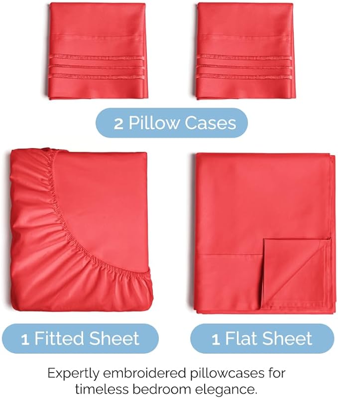 King Size 4 Piece Sheet Set - Comfy Breathable & Cooling Sheets - Hotel Luxury Bed Sheets for Women & Men - Deep Pockets, Easy-Fit, Extra Soft & Wrinkle Free Sheets - Red Oeko-Tex Bed Sheet Set - LeafyLoom