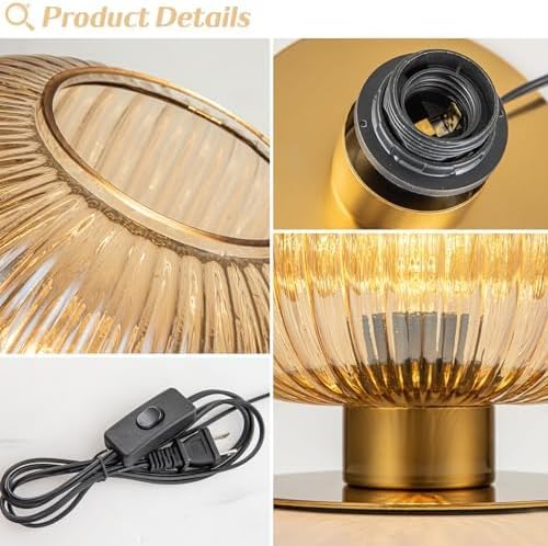 Plug in Table Lamp with Amber Glass Shade Mid Century Modern Lamps for Nightstand Modern Style Bedside Nightstand Lamp Reading Desk Light for Study Room Bedroom Living Room Office (Amber) - LeafyLoom