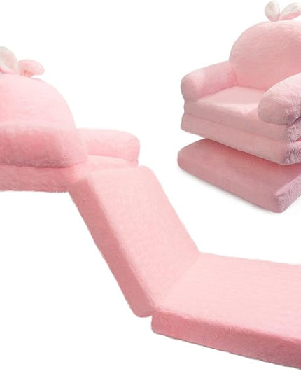 Kids Couch Fold Out Soft Toddler Chairs,Toddler Armrest Chair Bed for Play,Gift for 0-3 Years,Pink Bunny - LeafyLoom